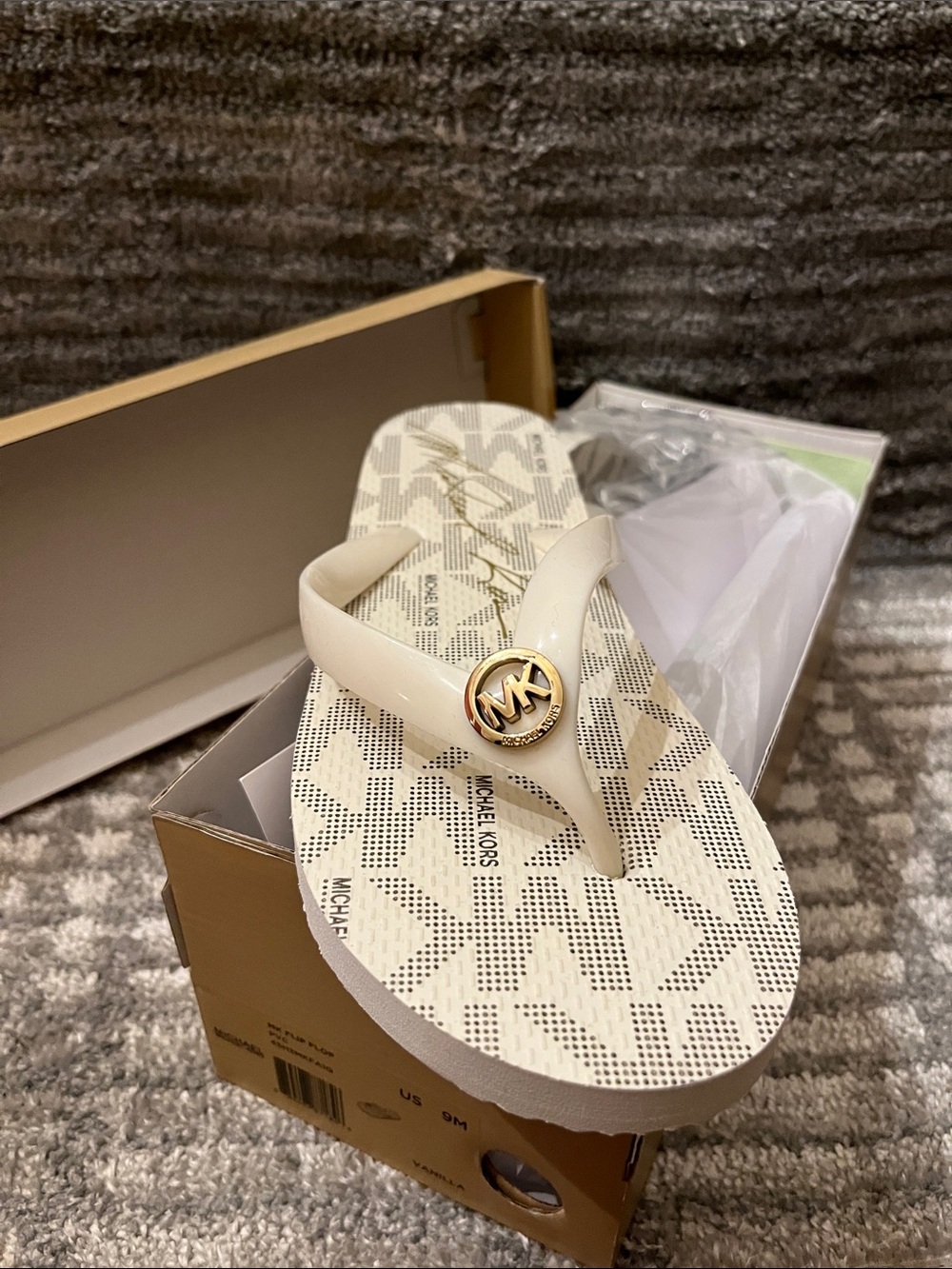 Michael Kors Cream/Gold Logo Thong Flip Flops